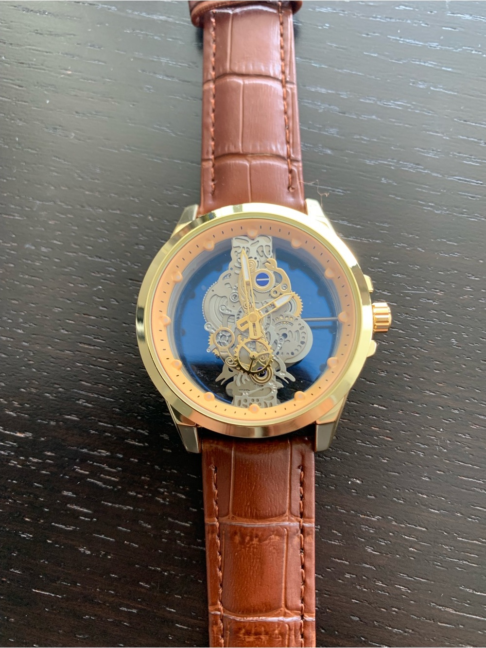 Skeleton Quartz Wristwatch with Brown Strap